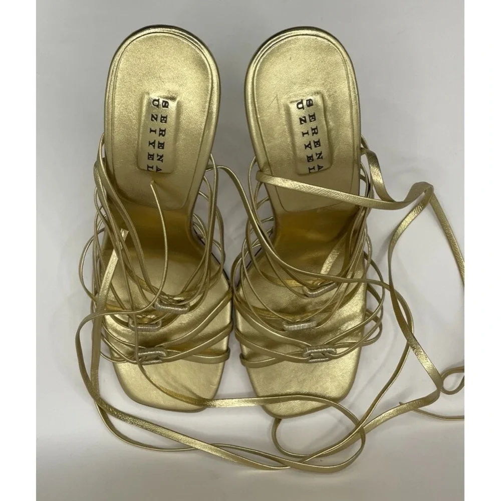 Serena Uziyel Catena Notte Metallic Gold Leather Lace Up Sandals Size EU 39 NWOB